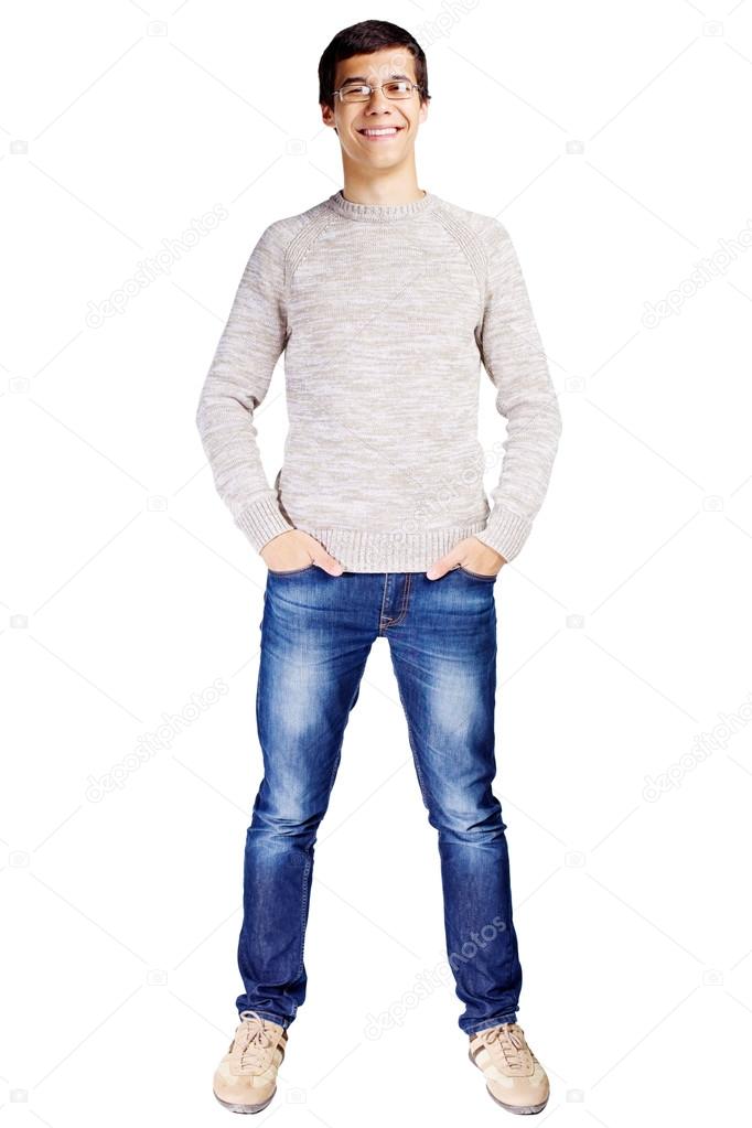 Smiling guy with hands in pockets