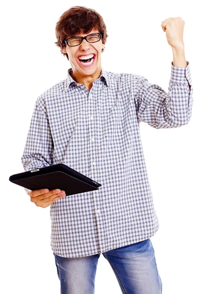 Glücklicher Kerl mit Tablet-PC — Stockfoto
