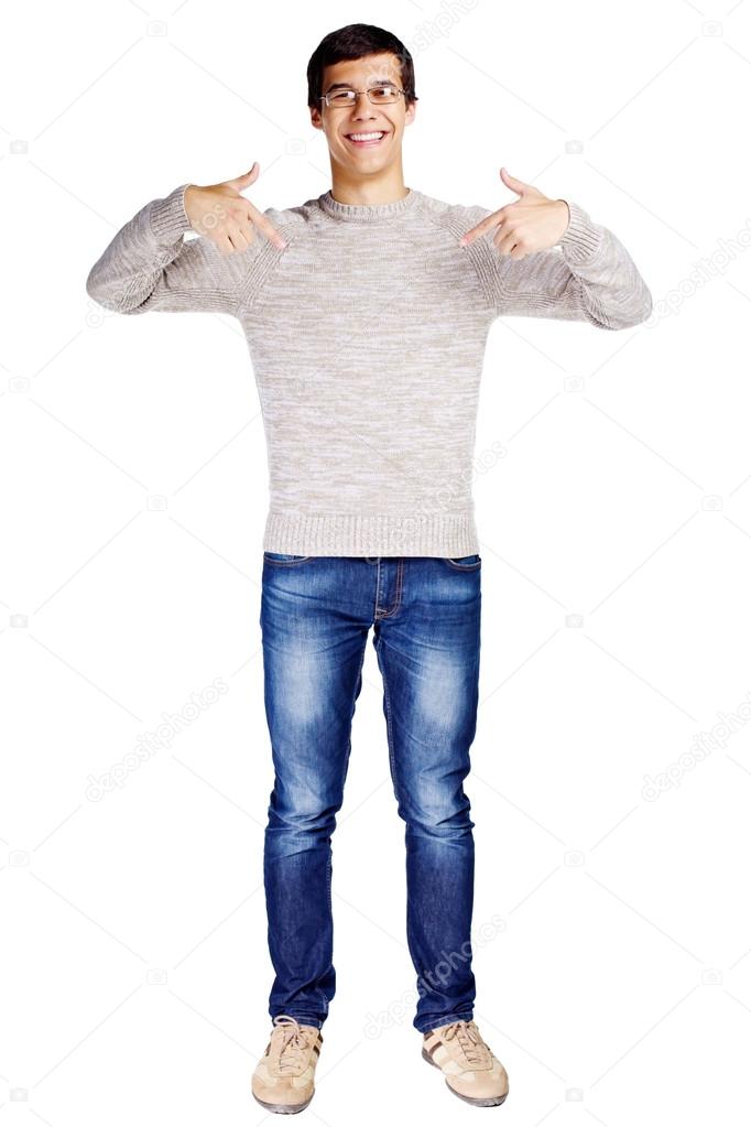 Guy pointing at himself with fingers