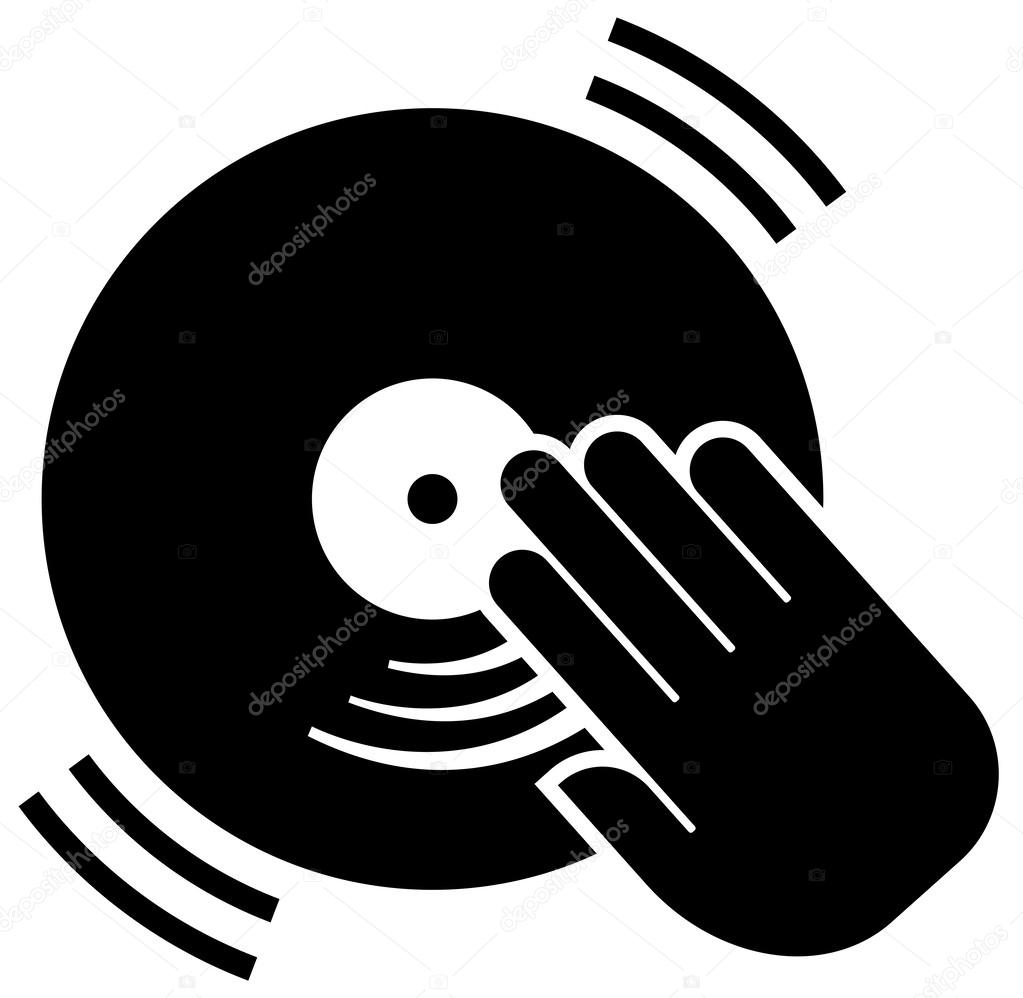 Black vector sign of vinyl disc under hand of deejay