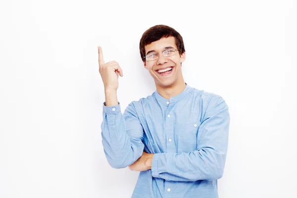 Guy pointing up with hand — Stock Photo, Image