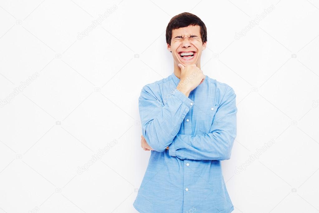 Laughing guy over white