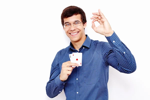 Guy with cards and okay sign — Stock Photo, Image