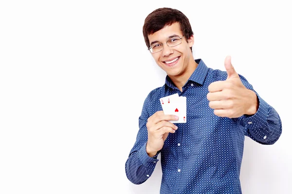 Guy with cards and thumb up sign — Stock Photo, Image