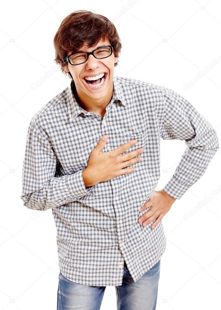 Laughing guy with hand on chest