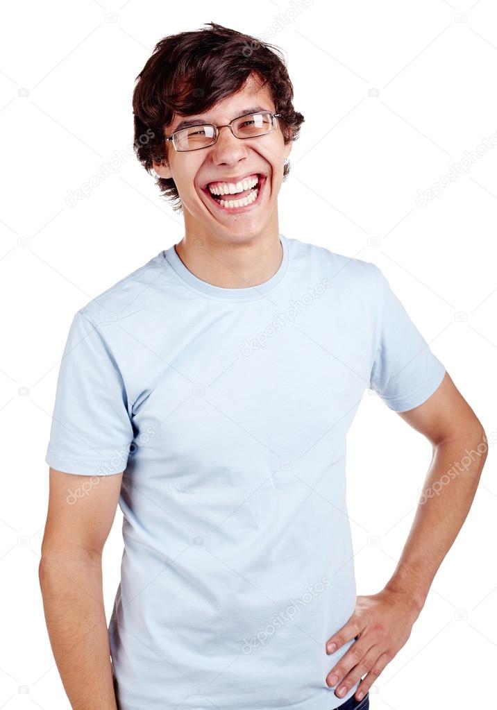 Laughing guy with hand on hip
