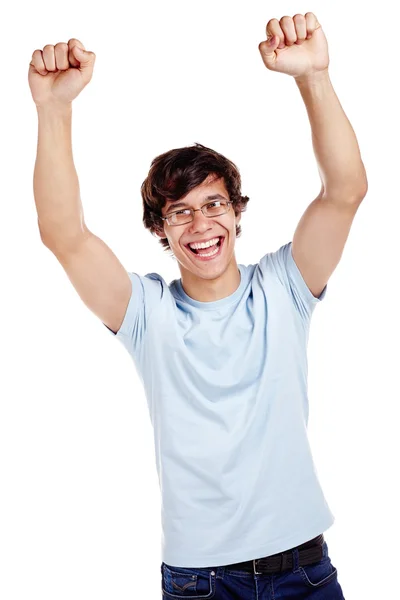 Счастливый парень с поднятыми кулаками — стоковое фото