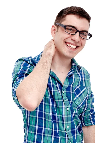 Rindo cara com a mão no pescoço — Fotografia de Stock