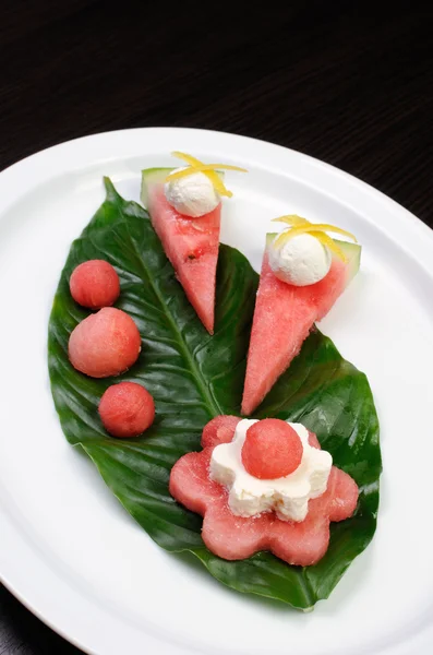 Appetizer of watermelon with ricotta — Stock Photo, Image