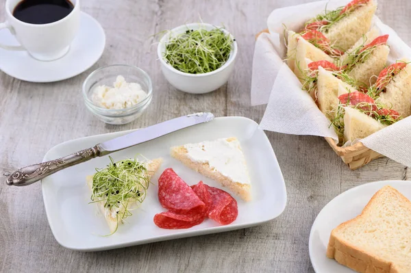 Wheat Toast Sandwich Cream Cheese Microgreen Onion Sprouts Salami Healthy — Stock Photo, Image