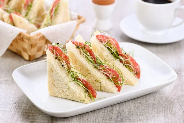 Wheat Toast Sandwich Cream Cheese Microgreen Alfalfa Sprouts Salami Healthy — Stock Photo, Image