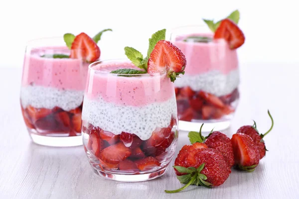 Strawberry Dessert Milk Vanilla Chia Fresh Strawberry Pieces — Stock Photo, Image