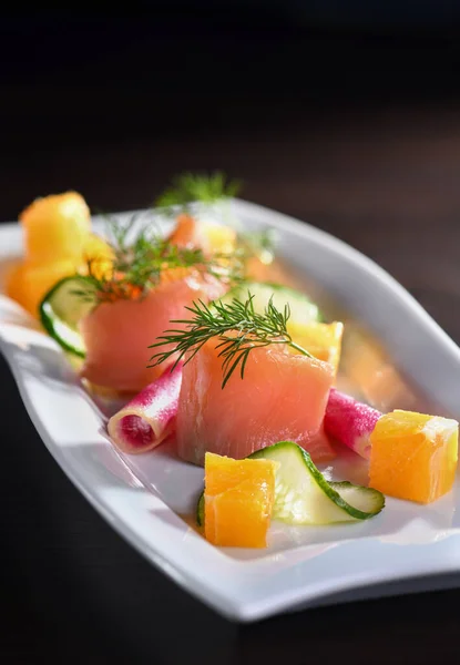 Buffet Serving Pickled Salmon Slices Radish Cucumber Orange Cubes — Stock Photo, Image