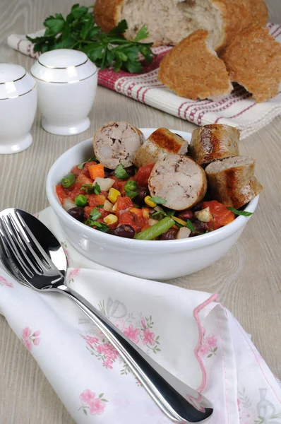 Homemade sausages with vegetables — Stock Photo, Image