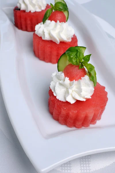 Appetizer of watermelon with ricotta — Stock Photo, Image