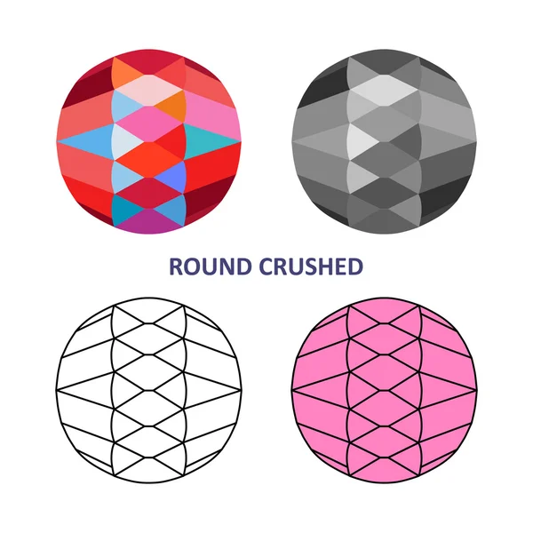 Low poly colored & black outline template round crushed gem cut — Stock Vector