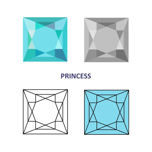 낮은 폴 리 컬러 & 검은 윤곽선 서식 파일 공주 보석 컷 — 스톡 벡터