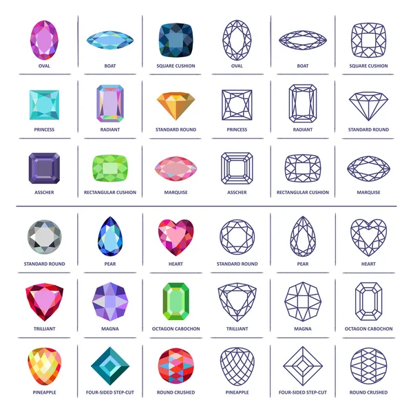 Low poly popular colored & blueprint outline gems cuts — Stock Vector