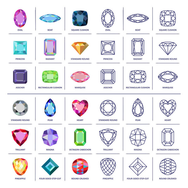 Low poly popular colored & blueprint outline gems cuts