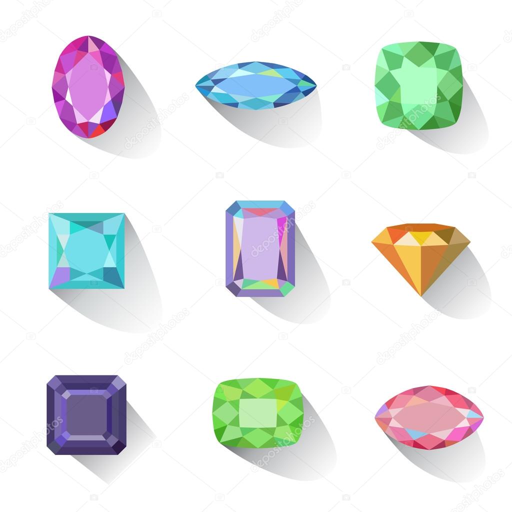 Flat style long shadow colored gems cuts icons