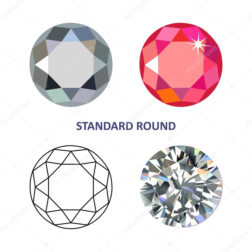 Low poly colored & black outline template standard round gem cut