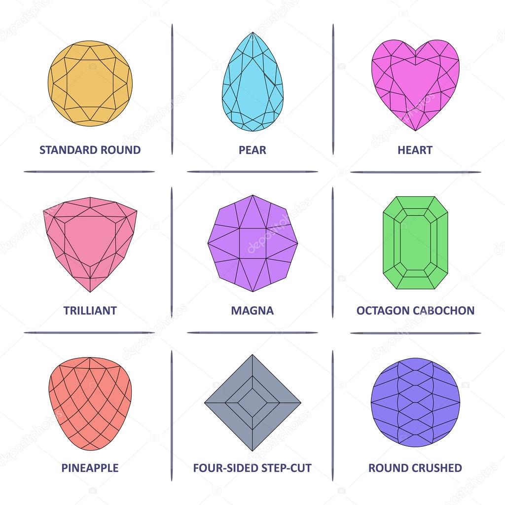 Low poly popular colored outline gems cuts infographics