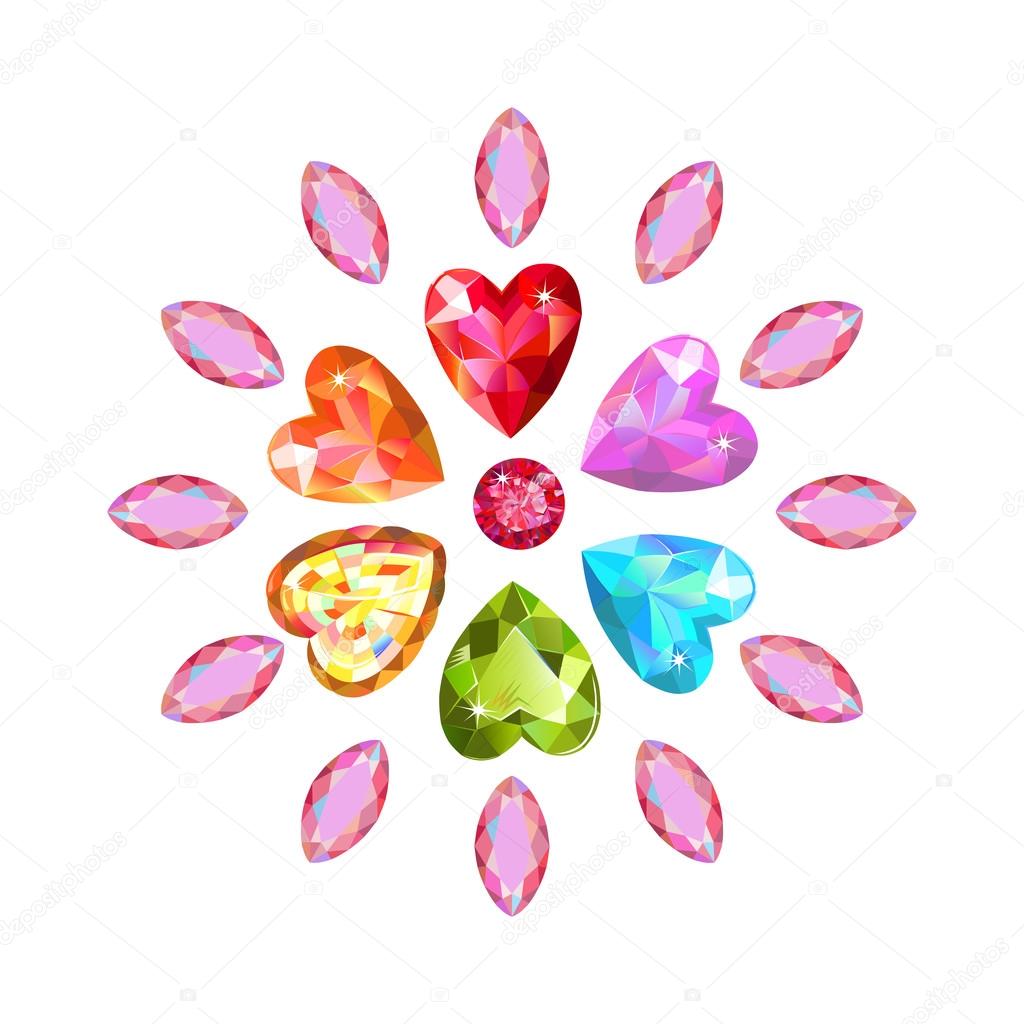 Texture of colored marquise & heart cut gems isolated on white