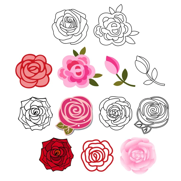 Conjunto de rosas con hojas — Vector de stock