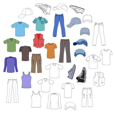 Anahatları belirlenmiş ve renkli erkek giyim, şapka ve ayakkabı koleksiyonu sezon