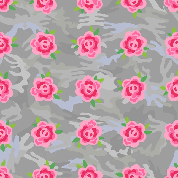 Flores (rosas estilizadas) fondo de camuflaje sin costuras — Vector de stock