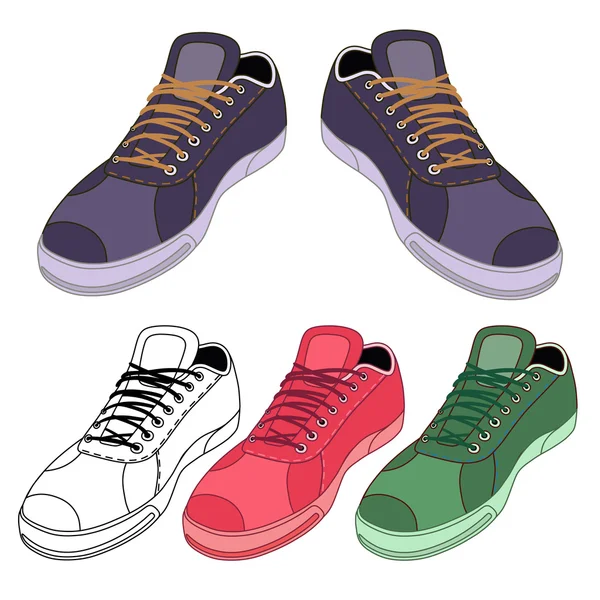 Black outlined & colored sneakers shoes set — Stock Vector