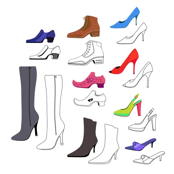 Coloré, esquissé plat homme & femmes chaussures ensemble — Image vectorielle