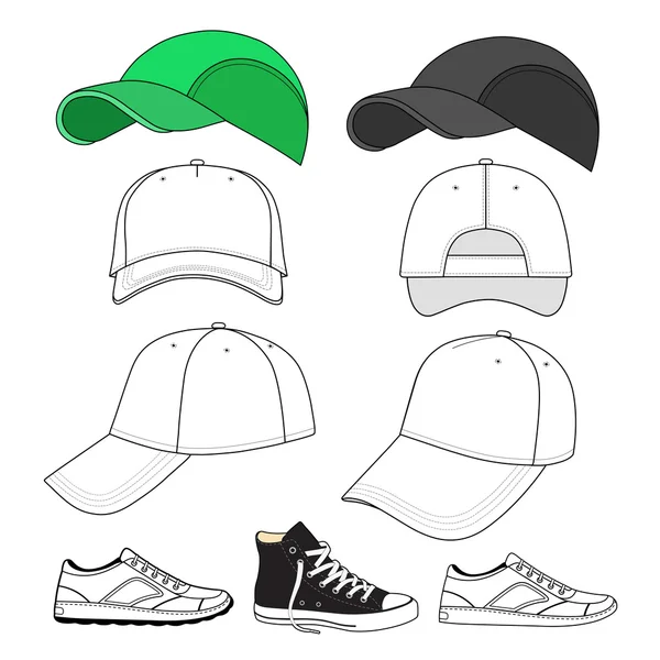 Zapatillas de deporte y gorra de béisbol de colores esbozados — Archivo Imágenes Vectoriales