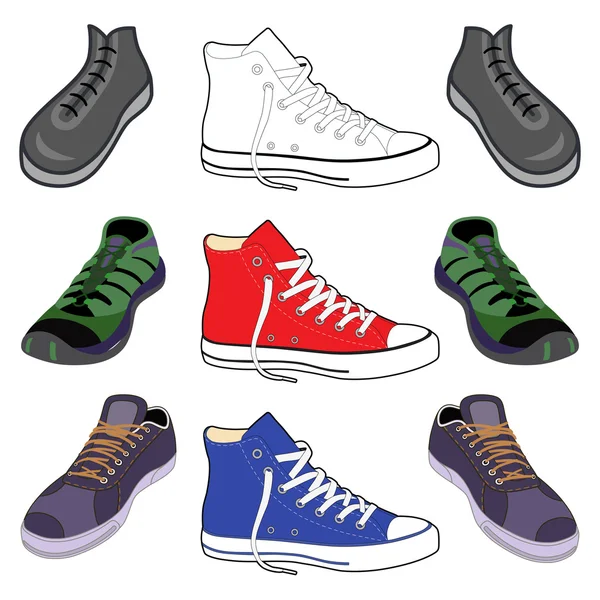 Black outlined & colored sneakers shoes set — Stock Vector