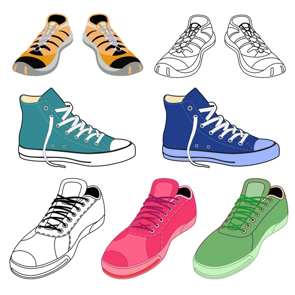 Preto delineado & tênis coloridos conjunto de sapatos —  Vetores de Stock