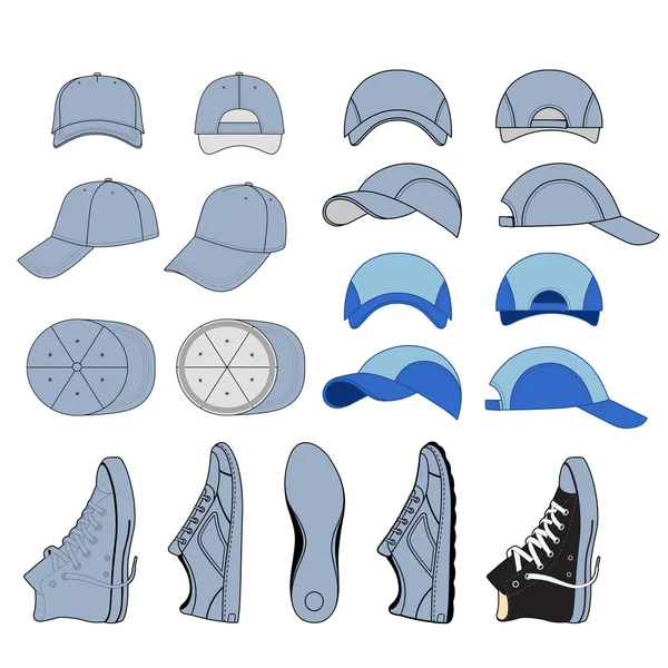 Ensemble de baskets et casquette de baseball aux contours colorés — Image vectorielle