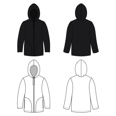 Unisex siyah deri hoodie (ön ve arka anahat görünümü) 
