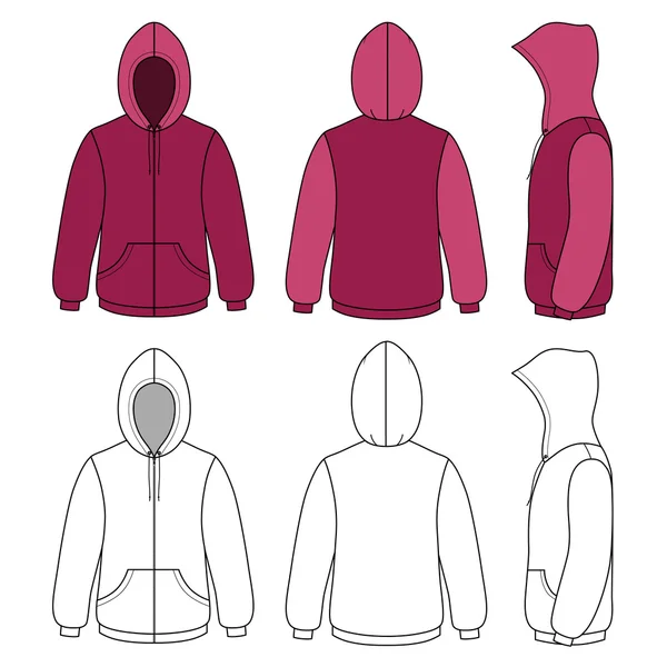 Unisex hoodie sjabloon (voorkant, zijkant & terug overzicht weergeven) — Stockvector