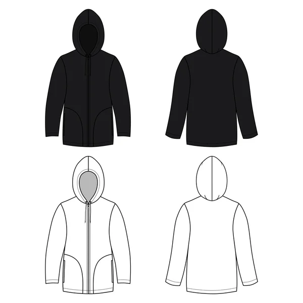 Sudadera con capucha de cuero negro unisex (vista delantera y trasera delineada) ) — Archivo Imágenes Vectoriales