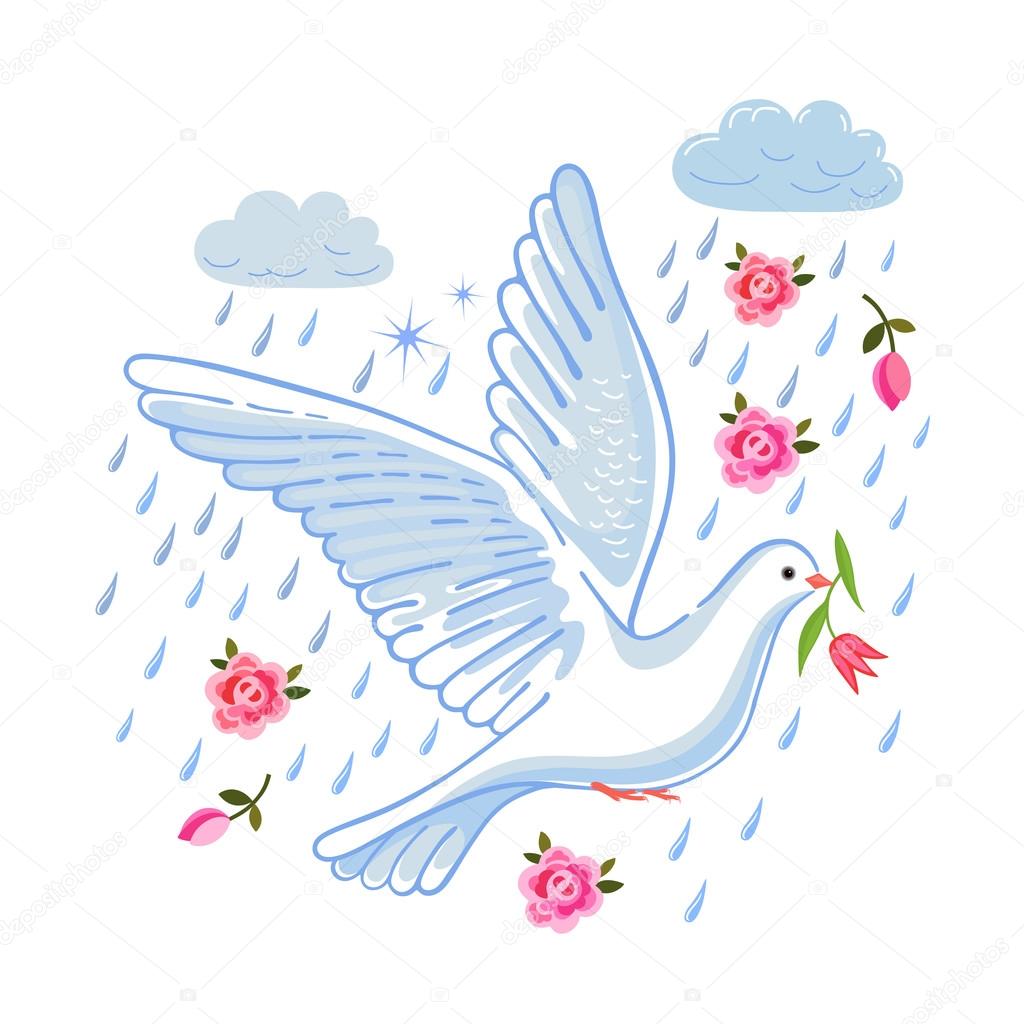 Soaring dove with flower in the clouds, vector illustration isolated on white background