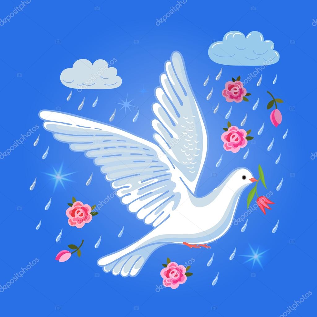 Soaring dove with flower in the clouds, vector illustration isolated on blue sky background