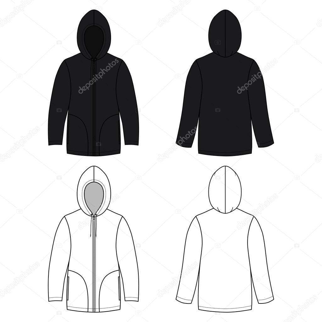 Download Unisex black leather hoodie (front & back outlined view) ⬇ ...