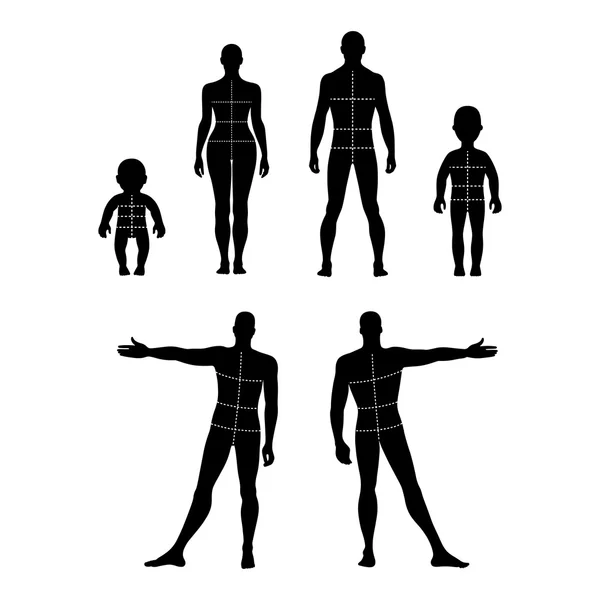 Conjunto de silueta humana delantera, trasera con cuerpo marcado — Archivo Imágenes Vectoriales