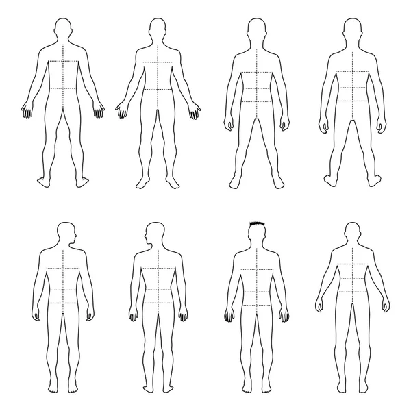 Frente de longitud completa, el hombre de la espalda delineado conjunto de silueta con marcado — Archivo Imágenes Vectoriales