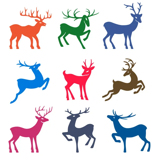 Nueve siluetas de ciervos de color — Vector de stock