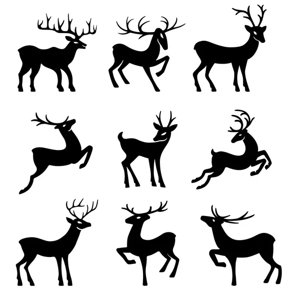 Dokuz siyah geyik siluetleri — Stok Vektör