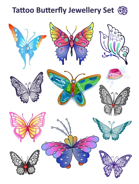 Tatouage ensemble de bijoux papillon tissu imprimé — Image vectorielle