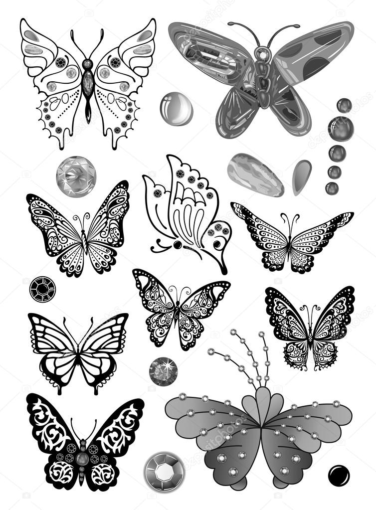 Monochrome butterflies set