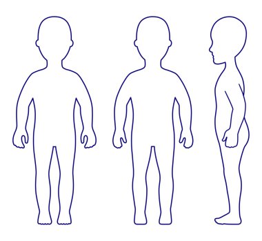 Tam uzunlukta ön, yan, arka görünümü kız ayakta silhou sıraladı.