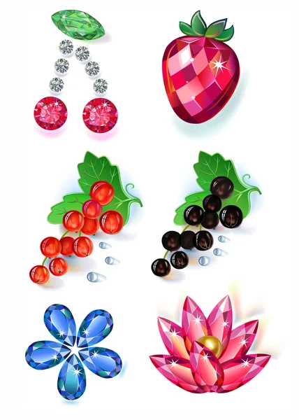 Flores de frutas broches de gemas de colores conjunto — Archivo Imágenes Vectoriales